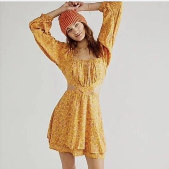 Free People Jael Cutout Mini Dress Golden Yellow Motif Floral Long Sleeve size M - Picture 3 of 11